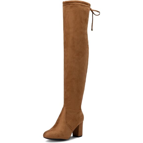 Shoes - Women's Camel Suede Chunky Heels Zipper Over The Knee High Adjustable Boots